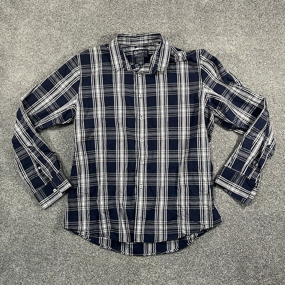 American Rag CIE Mens XXL Plaid Button Up Shirt Navy Blue Long Sleeve 2XL